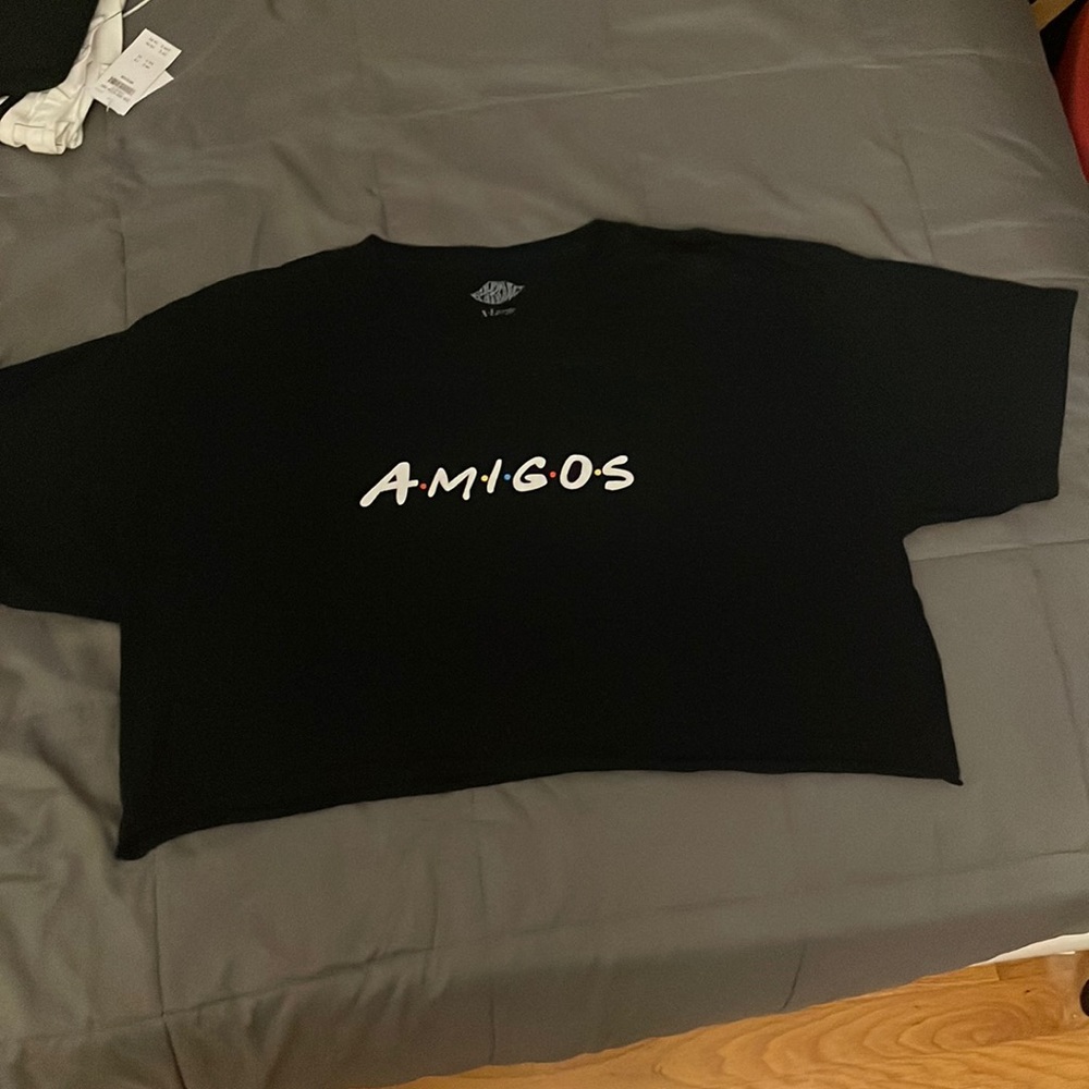 Black crop top that says AMIGOS